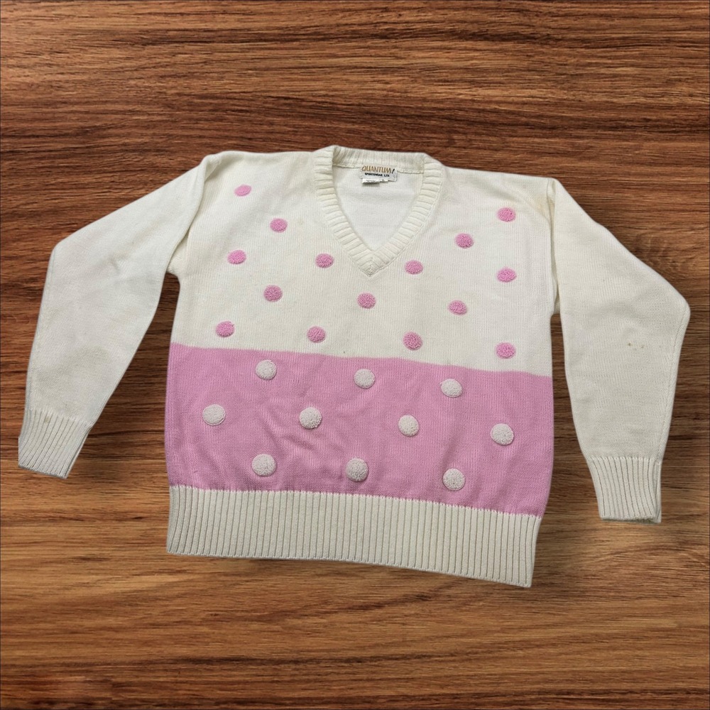 Vintage Quantum! Polka Dot Sweater V-Neck‎ Pullover Knitwear Pink White Large
